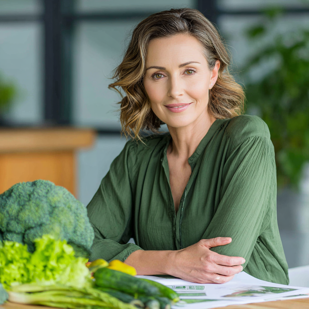 Professional nutritionist consultant, woman age 45, wearing casual green blouse, sitting at modern consultation desk with fresh vegetables and nutrition planning materials, warm natural lighting, confident and welcoming expression, health and wellness office environment