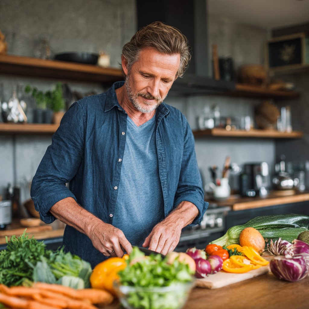 Successful mature man age 50, athletic build, wearing casual blue shirt, preparing fresh healthy meal in modern kitchen with colorful vegetables and fruits, natural lighting, confident and energetic expression, embodying healthy lifestyle
